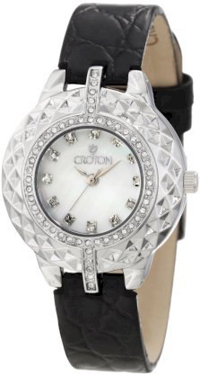 Croton Women's CN207360BSBK Crystal Accented White Mother-Of-Pearl Dial Black Leather Watch