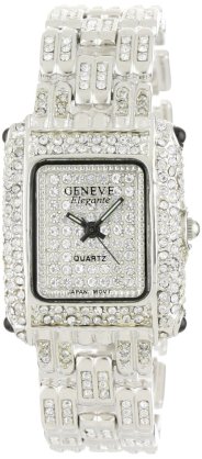 Geneve Elegante Men's 4383 - Silver Classic Rhinestone Encrusted Rectangular Watch
