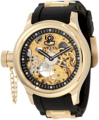 Invicta Men's 1844 Russian Diver Mechanical Gold Tone Skelton Dial Black Polyurethane Watch
