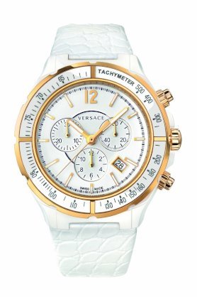 Versace Men's 28CCP1D001 S001 Dv One White Ceramic Case with Rose Gold IP Tachymeter Bezel White Dial Chronograph Date White Leather Watch