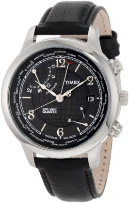 Timex Men's T2N609DH Intelligent Quartz Traveller World Time Silver Case Black Strap Watch