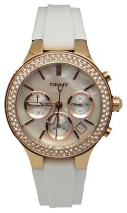 DKNY Chronograph Mother of Pearl Dial Rose Gold-tone White Rubber Strap Ladies Watch NY8198