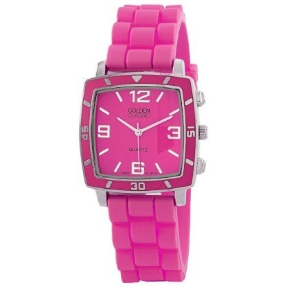 Golden Classic Women's 2213-Pink "Social Jelly" Trendy Square Rubber Strap Watch