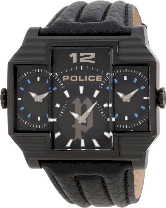 Police Men's PL-13088JSB/02 Hammerhead Rectangular Black IP Tri-Dial Leather Watch