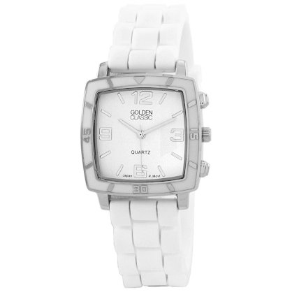 Golden Classic Women's 2213-White "Social Jelly" Trendy Square Rubber Strap Watch