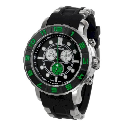  Aquaswiss 96XG055 Man's Chronograph Watch Swiss Rugged Collection Black and Green Bezel Silver Case Rubber Strap