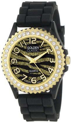 Golden Classic Women's 2219-zebra gold black "Savvy Jelly" Rhinestone Encrusted Bezel Silicone Watch