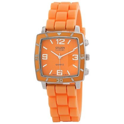 Golden Classic Women's 2213-Orange "Social Jelly" Trendy Square Rubber Strap Watch