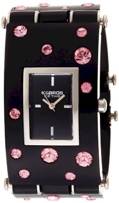 K&Bros  Women's 9530-2 Ice-Time Galassia Pink Crystal Accented Black Watch