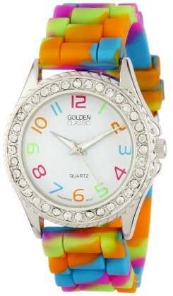 Golden Classic Women's 2297-P "Colors Galore" Rhinestone Encrusted Bezel Multi-Colored Silicone Watch