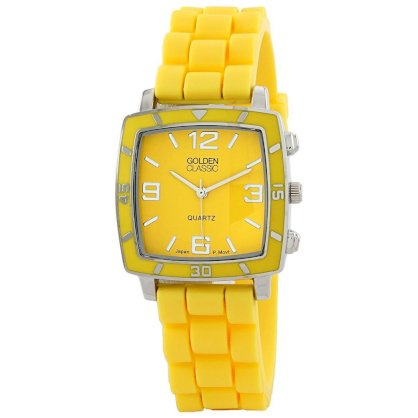 Golden Classic Women's 2213-Yellow "Social Jelly" Trendy Square Rubber Strap Watch
