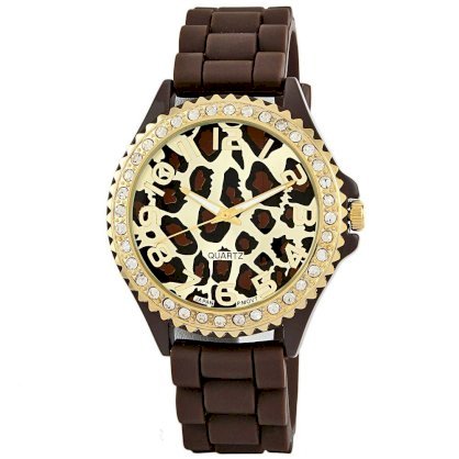 Golden Classic Women's 2220-leopardbrown "Glam Jelly" Oversized Rhinestone Leopard Silicone Watch