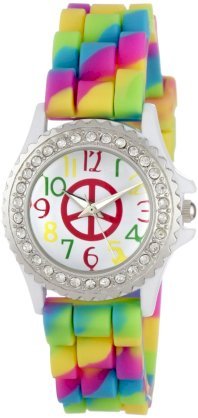 Golden Classic Women's 2295-F "Petite Colors Galore" Rhinestone Encrusted Bezel Peace Sign Silicone Watch