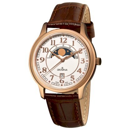 Grovana Men's 1026.1563 Moonphase Brown Strap Rose Goldtone Moonphase Watch