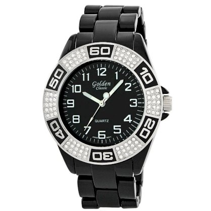 Golden Classic Women's 1613-blk "Boyfriend Rhinestone" Oversized Large Face Watch