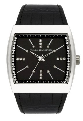  French Connection Women's FC1071SB Classic Glossy Black Croco Leather Square Stainless Steel Case Watch