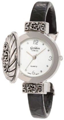 Golden Classic Women's 9101-Blk Whimsical Secret Flip Top Leather Cuff Watch