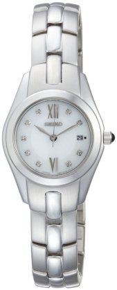 Seiko Women's SXDB85 Silver-Tone White Mother Of Pearl Dial 9 Diamonds Dress Watch