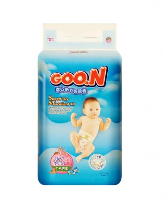 Bỉm Goon, NB50 miếng, loại dán, cho trẻ sơ sinh dưới 5 kg - Tã giấy Goo.N (Gun) Thái Lan