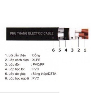 Cáp ngầm Phú Thắng 4 lõi với lõi trung tính nhỏ hơn có giáp bảo vệ 0.6/1 kV(Cu/XLPE/PVC/DSTA/PVC-4) 3x50+1x35