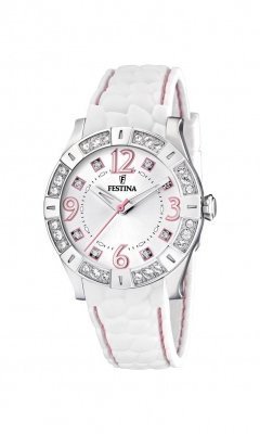 Festina F16541/3 Women's Silver Dial White Rubber Band Crystals On Bezel Watch