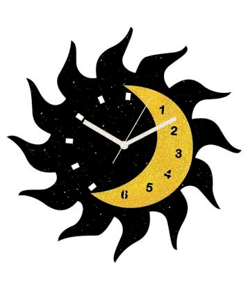 Sai Enterprises Black And Yellow Mdf Wood Sun And Moon Glittery Wall Clock