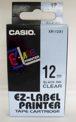Nhãn in Casio XR- 12X1 (chữ đen nền trong 12mm)