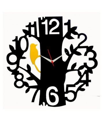 Sai Enterprises Black And Yellow Mdf Wood Tree Bird Wall Clock