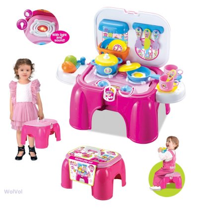 WolVol Compact carry-on Kids Kitchen Cooking Set with Lights & Sounds, Folds into Stepstool (Pink)