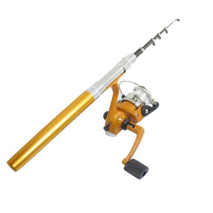 Aluminum Alloy Telescopic Mini Pen Fishing Rod Spinning Reel Gold Tone
