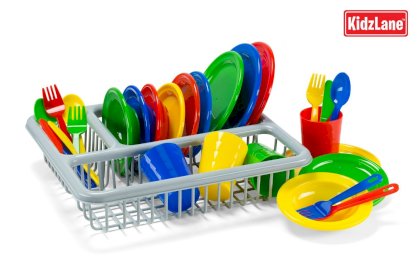 Durable Play Dishes Set, Pretend Play Childrens Dish Set - 29 Piece with Drainer