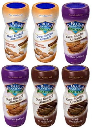 Blue Diamond Almonds -Variety Flavors Oven Roasted - Cinnamon Brown Sugar, Butter Toffee, Dark Chocolate (Box of 6 / 8-Ounce Jars)