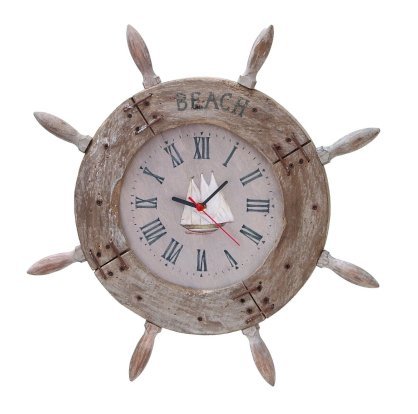  Benzara Wood Ship Wheel Clock Nautical Maritime Decor, 20-Inch