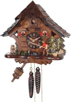 River City Clocks One Day Cuckoo Clock Cottage, Fisherman Raises Fishing Pole