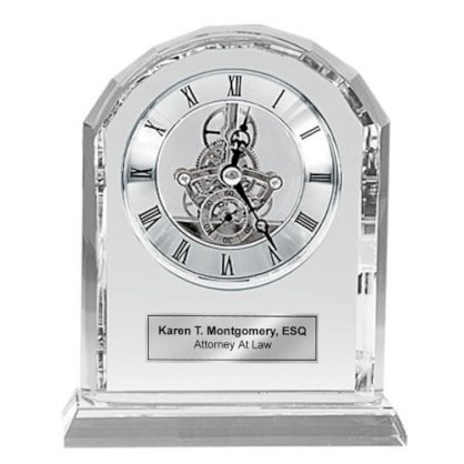 Personalized Silver Da Vinci Arch Crystal Clock with Silver Engraving Plate. This engraved crystal desk clock will make a unique retirement gift, wedding gift, anniversary gift or employee corporate appreciation recognition gift award