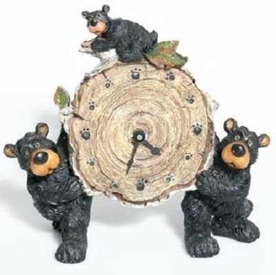 Willie Black Bear with Cub Holding a Birch Log Clock 8"