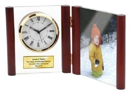 Hinged Glass Book Clock in Rosewood Finished Posts with Photo Frame Holds 4" X 6" Picture. Personalized Service Gift Retirement Award Employee Recognition Anniversary Wedding Appreciation Personalized Engrave Gift