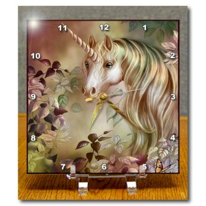 3dRose dc_11664_1 A Magical Unicorn Peers Out from a Floral Enchanted Realm in This Artwork Desk Clock, 6 by 6-Inch
