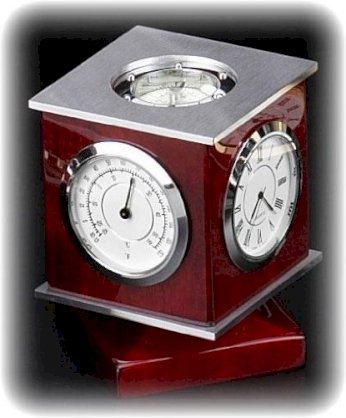 Genuine Mahogany Swivel Cube Thermometer Hygrometer Compass and Clock