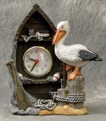 Pelican White on Piling with Dinghy Boat and Quartz Clock Mantle Shelf Decor