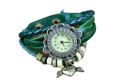 U-beauty Green Retro Elagent Angel Heart Pendant Wrap Around Leather Bracelet Woman Wrist Watch