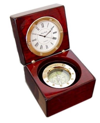 Navigator Clock and Compass Gift Set in Wooden Box, Brass Accents