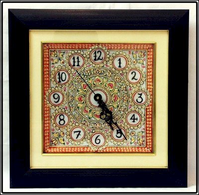 eCraftIndia Glorious Orange and Golden colored Marble with LED and Wooden Frame Analog Wall Clock