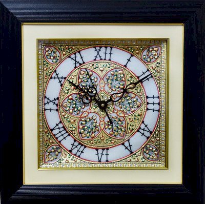 eCraftIndia Golden Flowers Marble with LED & Wooden Frame Analog Wall Clock