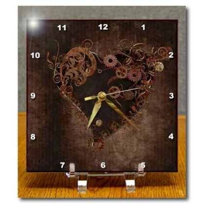 3dRose dc_172232_1 Decorated Brown Steam Punk Heart Desk Clock, 6 by 6-Inch