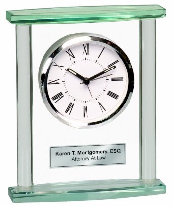 Personalized Glass Top and Bottom Base Pillar Desk Clock with Silver Engraving Plate. Engraved Desk Clock as Retirement Gifts, Employee Gifts, Business Gifts and Graduation Gifts.