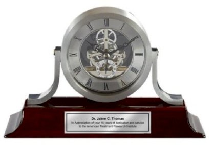Personalized Engraved Silver Da Vinci Dial Cherry Mantle Desk Wood Clock. This anniversary gift clock, employee service award and retirement gift includes a personalized Silver Engraving Plate.