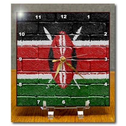 3dRose dc_156916_1 National Flag of Kenya Painted Onto a Brick Wall Kenyan Desk Clock, 6 by 6-Inch