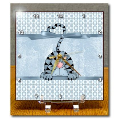 3dRose dc_173196_1 Cut Striped Blue Tabby Cat Graphic with Sweet Blue Patterns and Bow. Desk Clock, 6 by 6-Inch