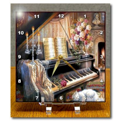 3dRose dc_109692_1 Beautiful 1586 Painting of Piano Cat Candles-Desk Clock, 6 by 6-Inch